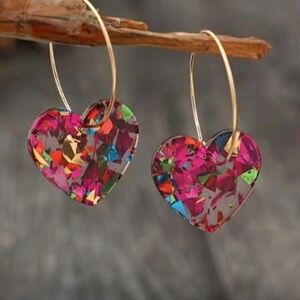 Resin Colorful Heart Hoop Earrings Valentines Day